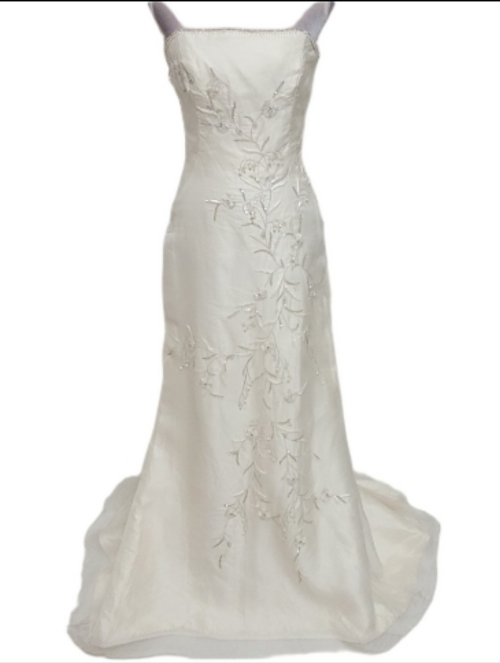 90s Vintage Lazaro Cream Silk Floral Embroidered Pearl Strapless Column Dress 10 - Picture 2 of 13
